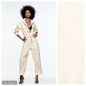 NWT. Zara Ecru Long Jumpsuit with Pockets. Size M.
